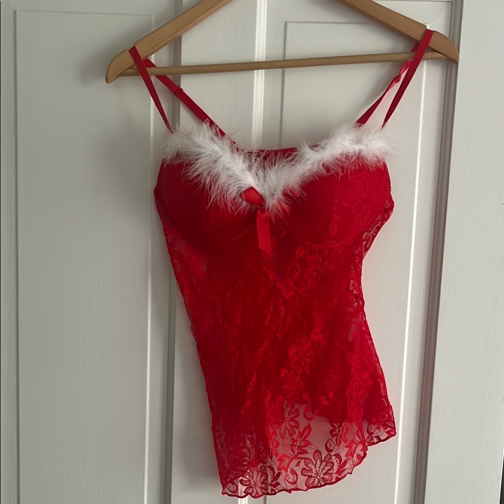 Red Lace Chemise with Feather Trim